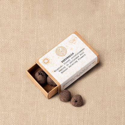 Wildflower seedballs in a small kraft box from the Kit of Here, designed for planting native flowers in local soil.
